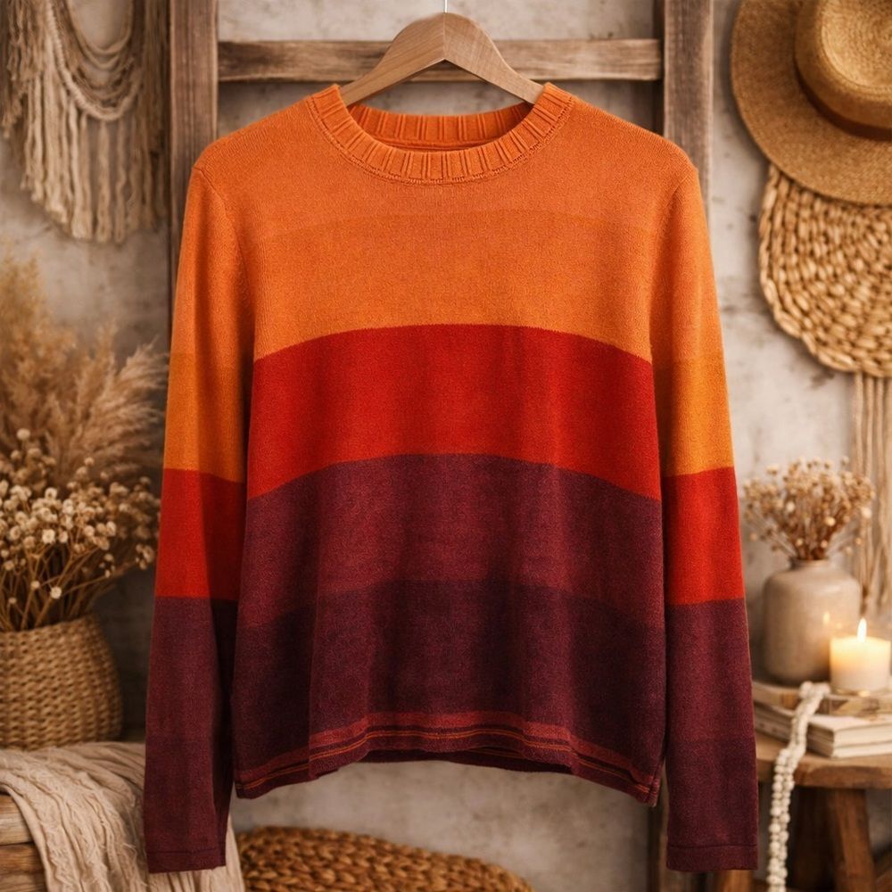 Tommy Hilfiger Colorblock Orange Red Vintage Crewneck Pullover Sweater Large